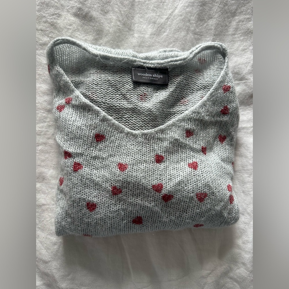 Wooden Ships Light Gray Knit with Red Heart Accents